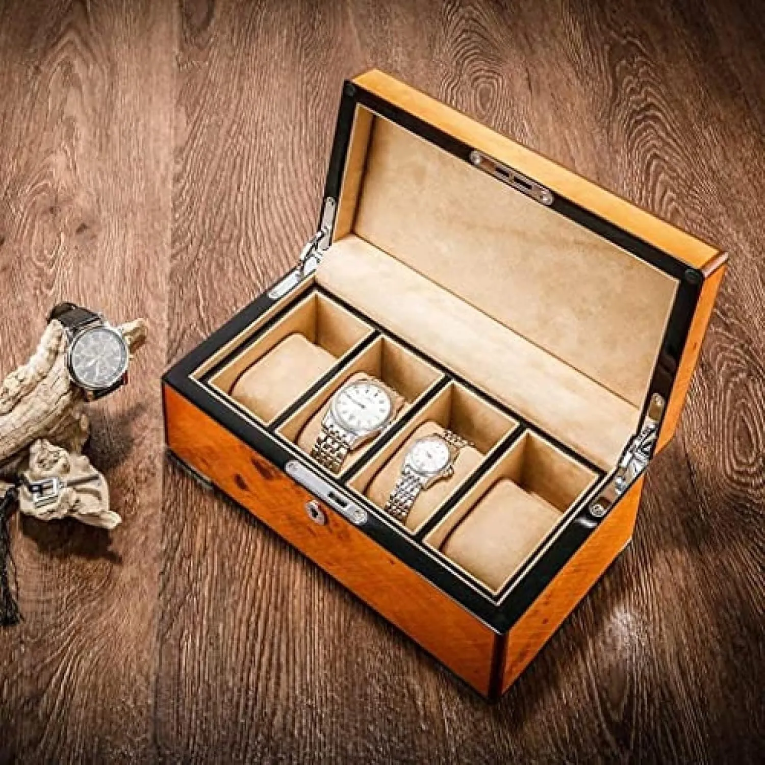Watch Box Watch Case Watch Stand Watch Winder 4 Grids Solid Wood Watch Box Case Professional Holder Organizer for Clock Watches Jewelry Watch Case Display,C,25X14X10.2cm