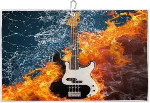 Water Fire Guitar Golf Towel with Heavy Duty Carabiner Ultra Absorbent Quick Dry Perfect for Cleaning Clubs Balls Gear Essential Golf Accessory for Men Women Kids