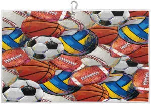 Watercolor Football Basketball Rugby Golf Towel with Heavy Duty Carabiner Ultra Absorbent Quick Dry Perfect for Cleaning Clubs Balls Gear Essential Golf Accessory for Men Women Kids