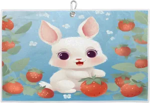 Watercolor Rabbit Strawberry Golf Towel with Heavy Duty Carabiner Clip Quick Dry Ultra Absorbent Club Ball Cleaning Towel Golf Accessories for Men Women