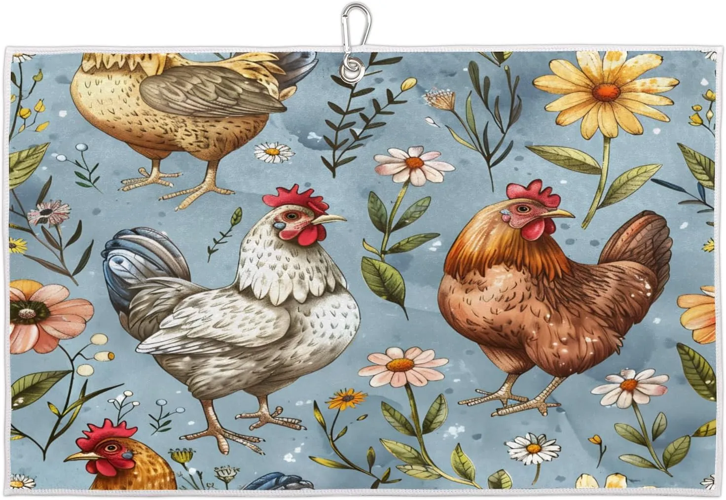 Watercolor Rooster Flowering Plant Golf Towel with Heavy Duty Carabiner Clip Quick Dry Ultra Absorbent Club Ball Cleaning Towel Golf Accessories for Men Women