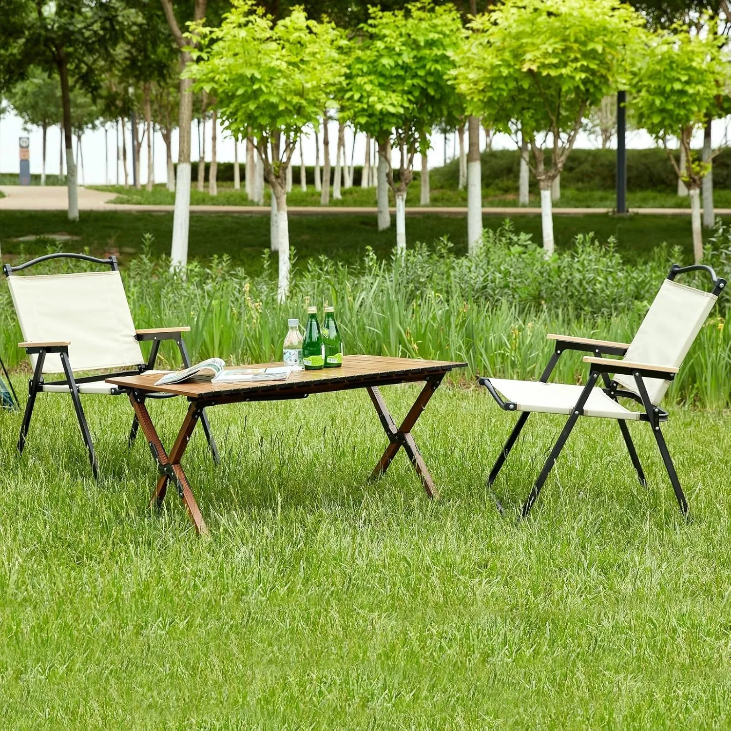 weight 3-Piece Folding Outdoor Table Set with 2 Chairs - Portable Aluminum Roll-Up Square Design compatible with Camping, Picnics, and Travel