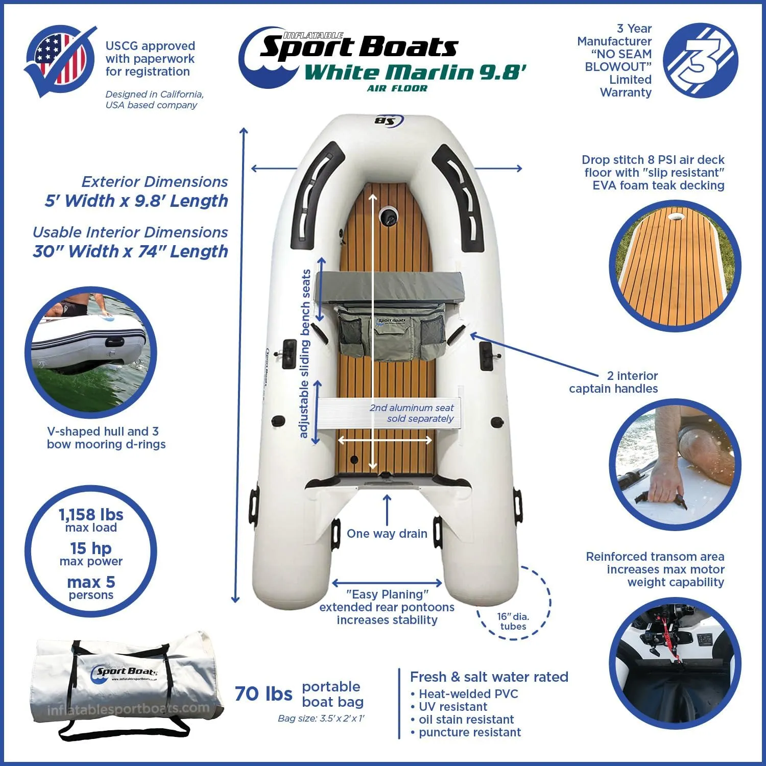 White Marlin 9.8' Air Floor -2022 Model - SB-300A - Air Floor Premium Heat Welded Dinghy with Seat Bag