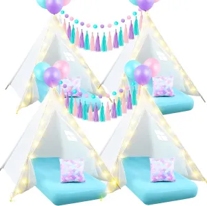 Windyun 4 Pack Mermaid Teepee Tent for Kids with Inflatable Airbed, String Light Fitted Sheet Mermaid Pillow Washable Toddler Indoor Play Tent for Girls Boys Sleepover Slumber Party