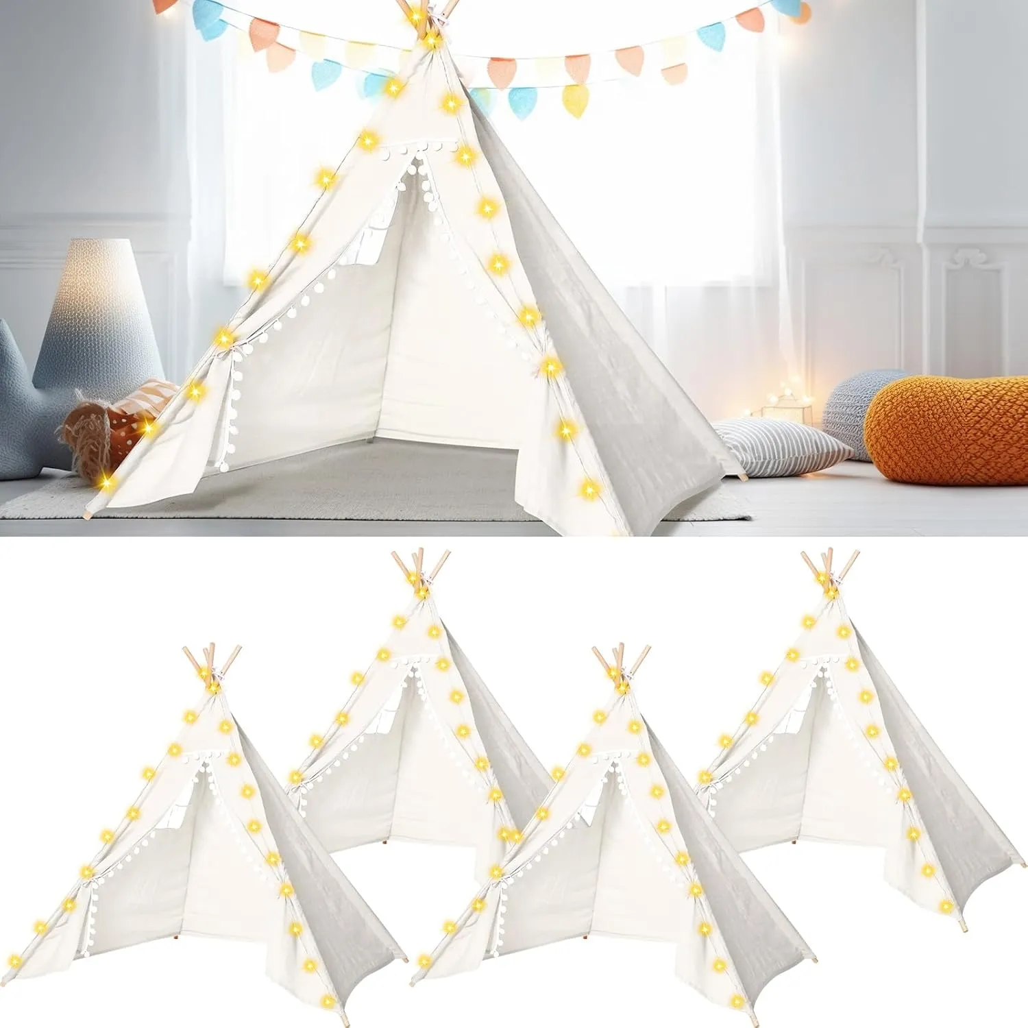Windyun 4 Pcs Teepee Tent for Kids with Lights Cotton Linen Kid Sleepover Tent Foldable Sleepover Party Supplies for Girls Boys Toddler Slumber Party Indoor Outdoor(White)