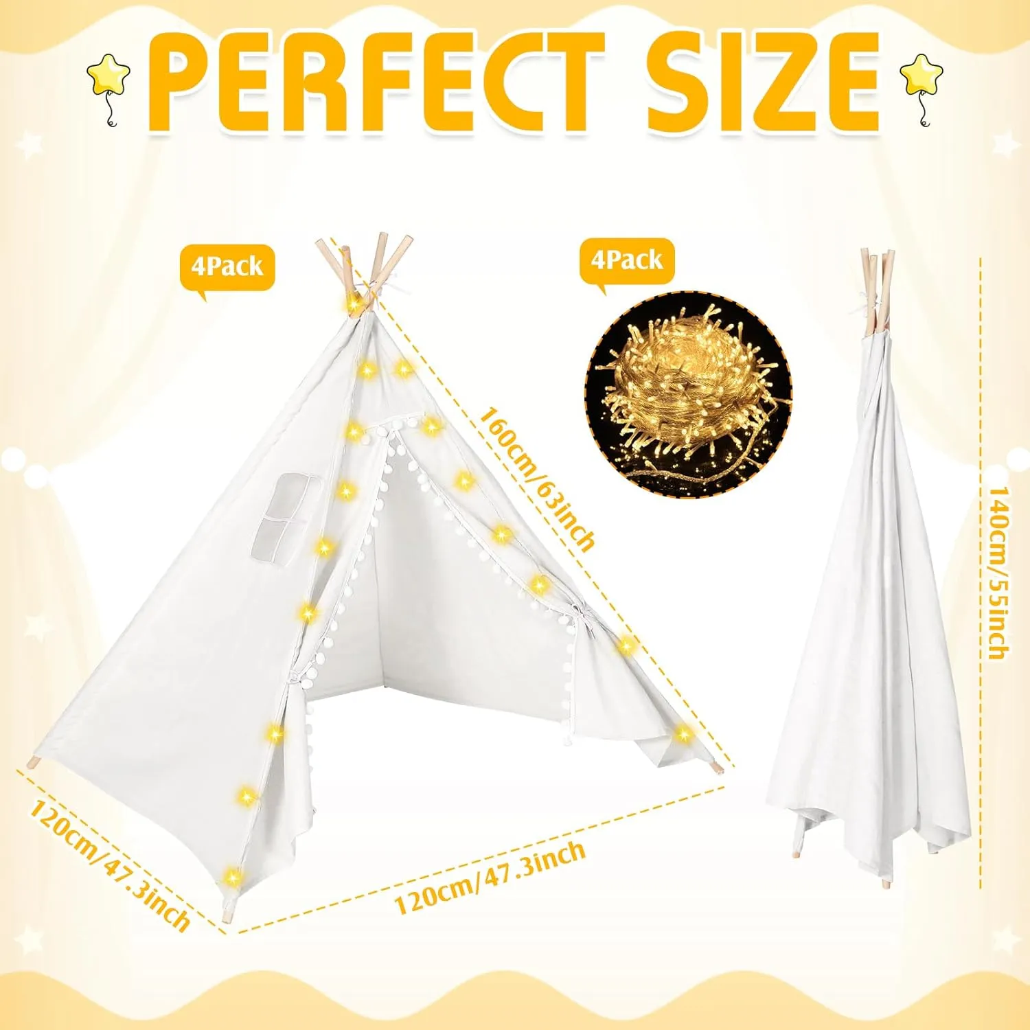 Windyun 4 Pcs Teepee Tent for Kids with Lights Cotton Linen Kid Sleepover Tent Foldable Sleepover Party Supplies for Girls Boys Toddler Slumber Party Indoor Outdoor(White)