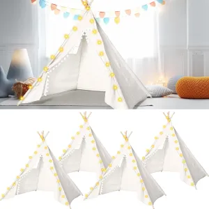 Windyun 4 Pcs Teepee Tent for Kids with Lights Cotton Linen Kid Sleepover Tent Foldable Sleepover Party Supplies for Girls Boys Toddler Slumber Party Indoor Outdoor(White)