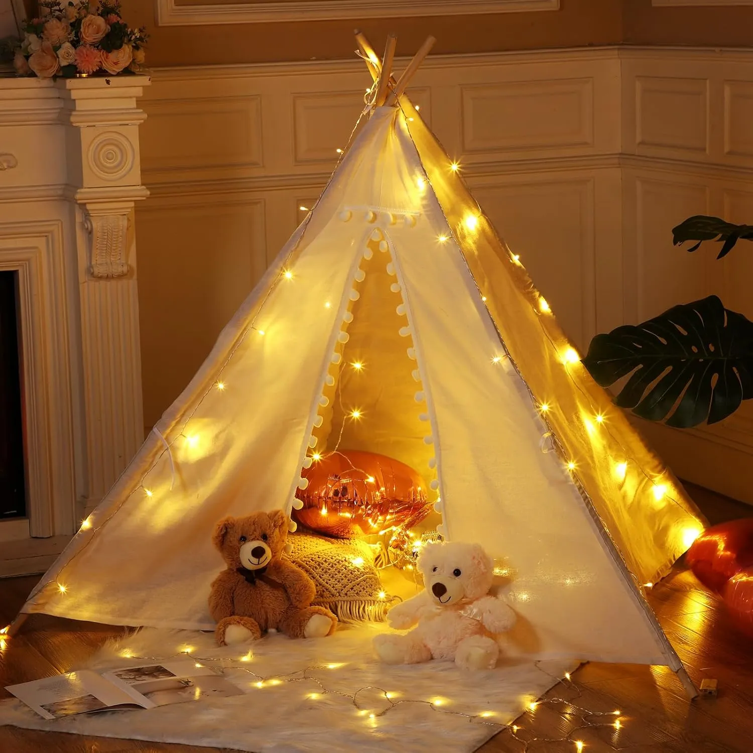 Windyun 4 Pcs Teepee Tent for Kids with Lights Cotton Linen Kid Sleepover Tent Foldable Sleepover Party Supplies for Girls Boys Toddler Slumber Party Indoor Outdoor(White)