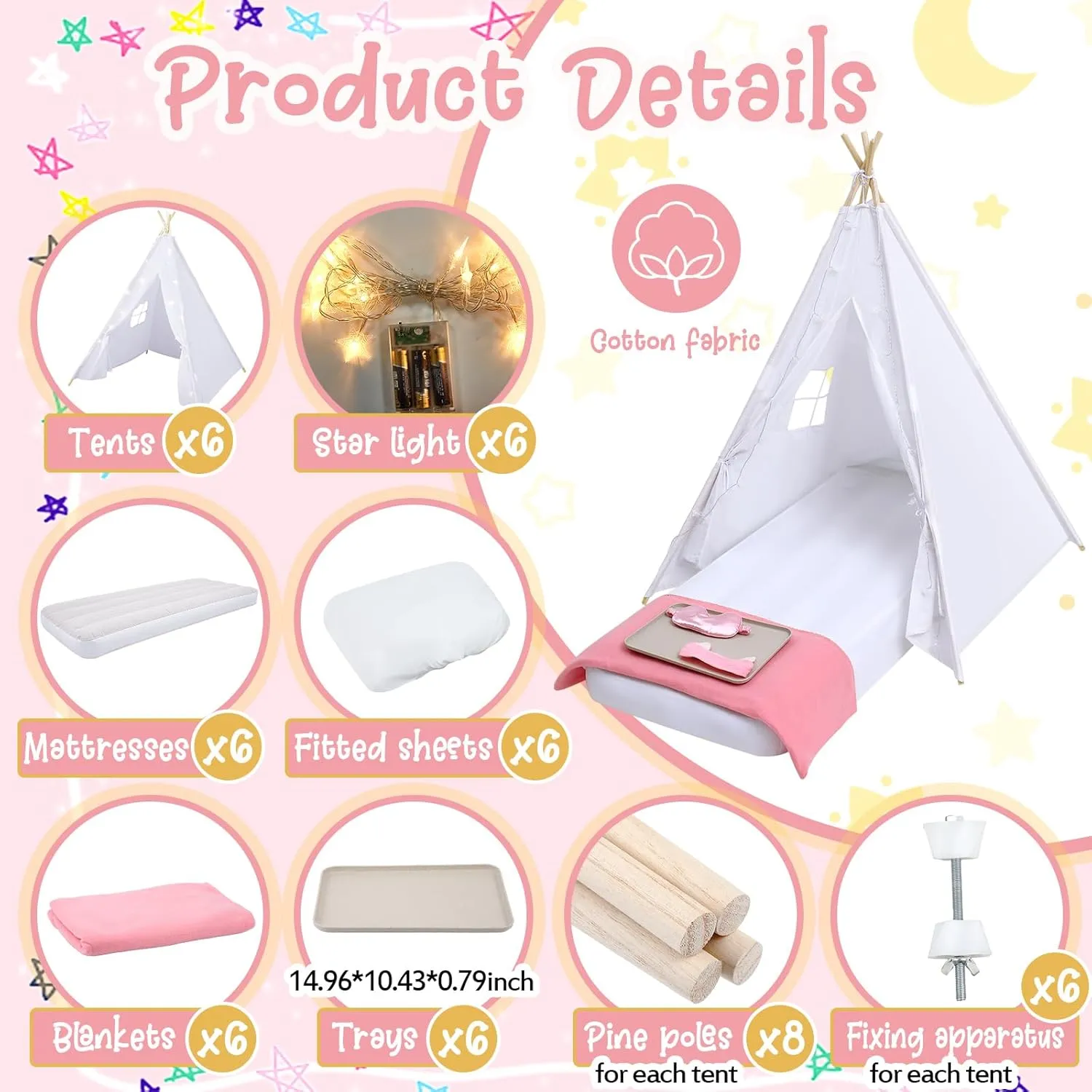 Windyun 6 Pack Kids Teepee Tent Bulk with Light and Inflatable Airbed, Natural Cotton Toddler Play Tent Washable for Girls Boys Indoor Outdoor Slumber Party Birthday Gifts (White)