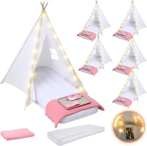 Windyun 6 Pack Kids Teepee Tent Bulk with Light and Inflatable Airbed, Natural Cotton Toddler Play Tent Washable for Girls Boys Indoor Outdoor Slumber Party Birthday Gifts (White)