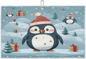 Winter Penguin Christmas Tree Golf Towel with Heavy Duty Carabiner Clip Quick Dry Ultra Absorbent Club Ball Cleaning Towel Golf Accessories for Men Women