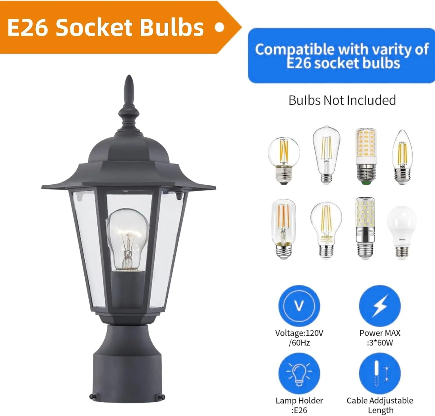 WISBEAM Outdoor Post Light, Pole Lantern, E26 Base 60W Max, Aluminum Housing Plus Glass, Wet Location Rated, ETL Qualified, Bulbs not Included, Black