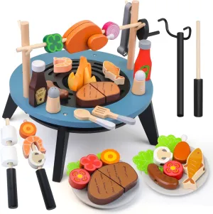 Wooden Play Barbecue Toy Gril,45PCS Kids Grill Playset with Rotating Skewering Mode,Pretend Cooking Kitchen Playset Grill Toy Birthday Gift for Boys&Girls 3 