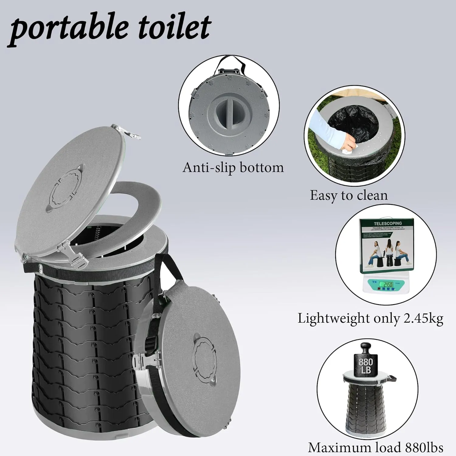 XXL Portable Toilet -19.7" H 15" D Adjustable Foldable Camping Toilet, Luggable Loo with Lid, Strap,Toilet Bag for Camping, Hiking, Travel and Car with Carry Bag