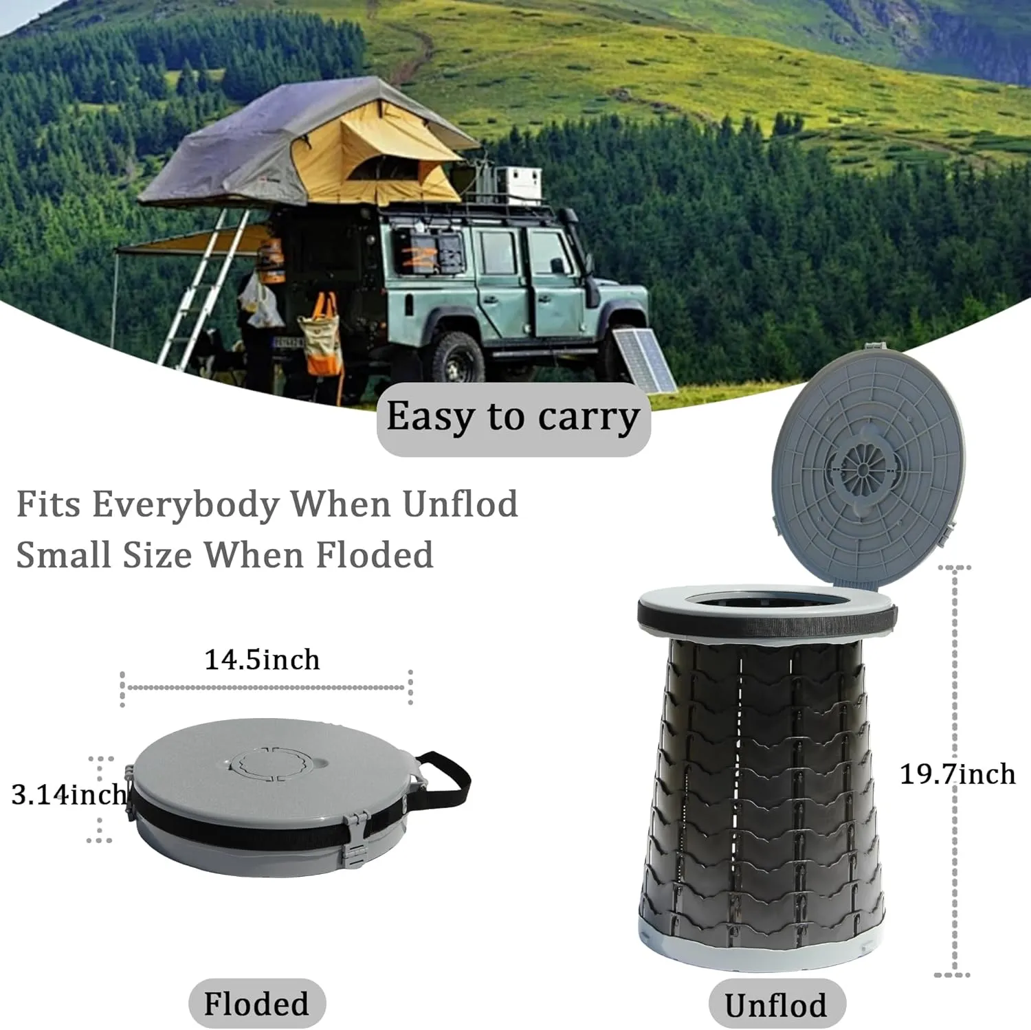 XXL Portable Toilet -19.7" H 15" D Adjustable Foldable Camping Toilet, Luggable Loo with Lid, Strap,Toilet Bag for Camping, Hiking, Travel and Car with Carry Bag