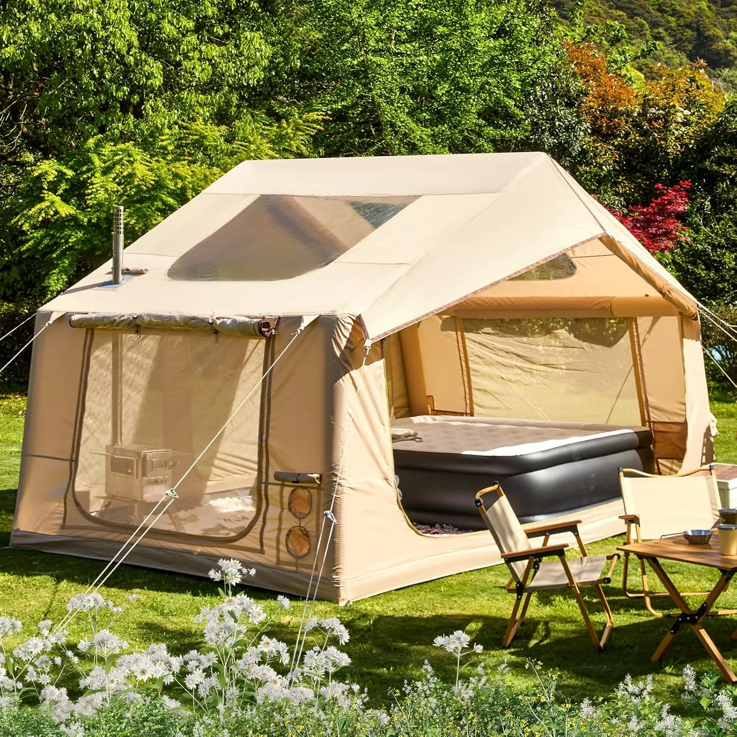 YOLENY Inflatable Tents for Camping, 4/6/8/10/12 Person Tent with TPU Skylight, Mesh Windows, Stove Jack & Pump, Easy Setup 4 Season Glamping Tent, Waterproof & Windproof