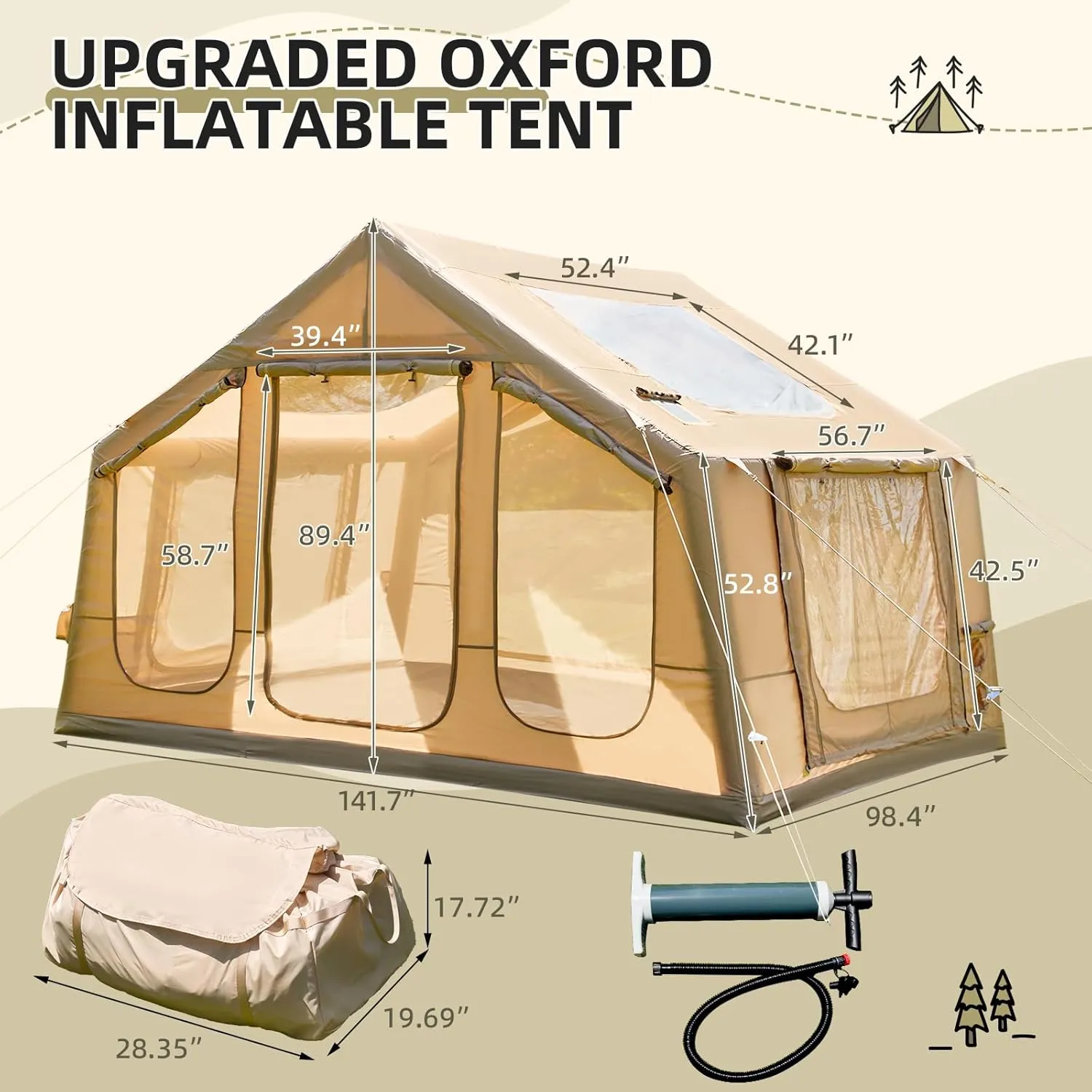 YOLENY Inflatable Tents for Camping, 4/6/8/10/12 Person Tent with TPU Skylight, Mesh Windows, Stove Jack & Pump, Easy Setup 4 Season Glamping Tent, Waterproof & Windproof