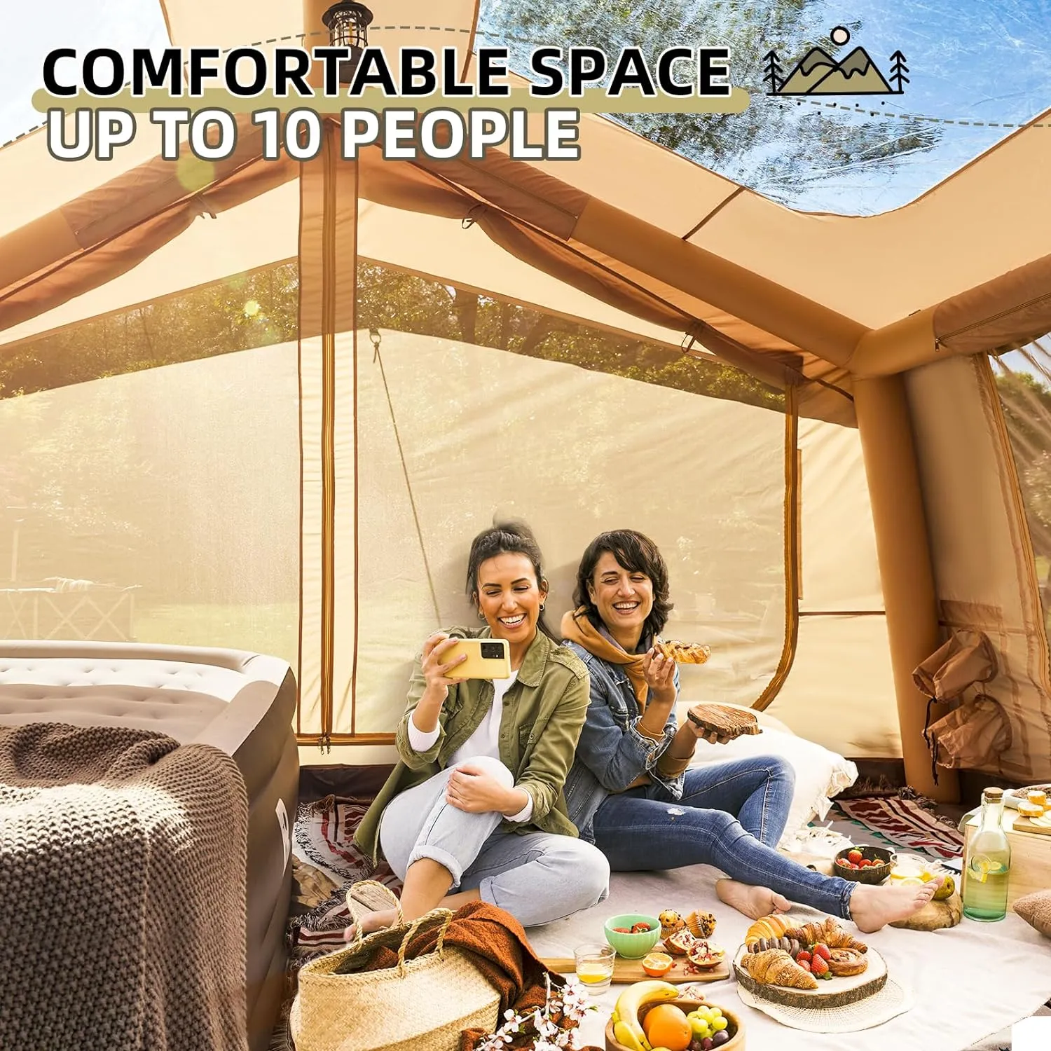 YOLENY Inflatable Tents for Camping, 4/6/8/10/12 Person Tent with TPU Skylight, Mesh Windows, Stove Jack & Pump, Easy Setup 4 Season Glamping Tent, Waterproof & Windproof