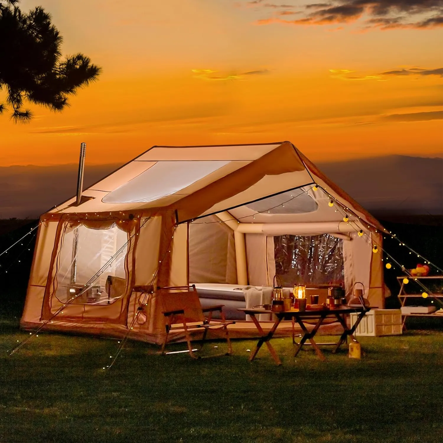 YOLENY Inflatable Tents for Camping, 4/6/8/10/12 Person Tent with TPU Skylight, Mesh Windows, Stove Jack & Pump, Easy Setup 4 Season Glamping Tent, Waterproof & Windproof