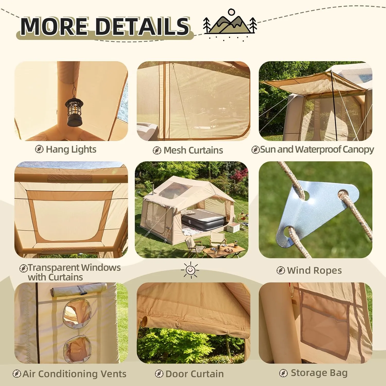 YOLENY Inflatable Tents for Camping, 4/6/8/10/12 Person Tent with TPU Skylight, Mesh Windows, Stove Jack & Pump, Easy Setup 4 Season Glamping Tent, Waterproof & Windproof