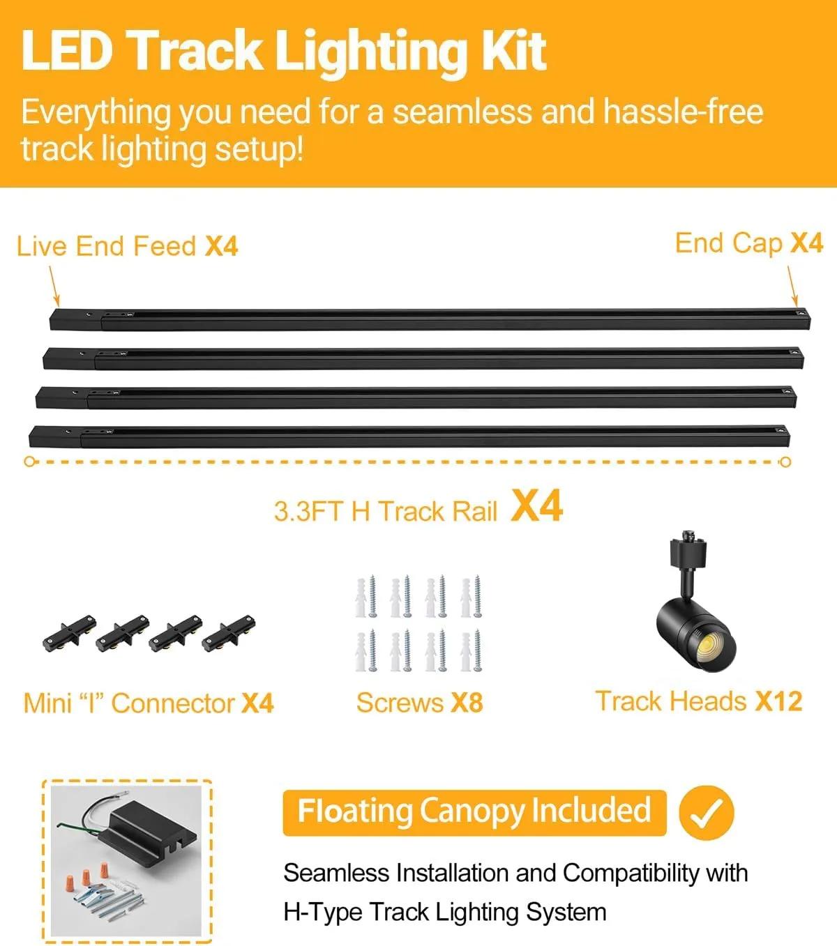 Zoomable 12-Light LED Track Lighting Kit with 13FT H Track Lighting Rail & Floating Canopy Connector, Modern Kitchen Track Lighting Fixtures Ceiling Spotlight, 12W Track Heads 3000K Black
