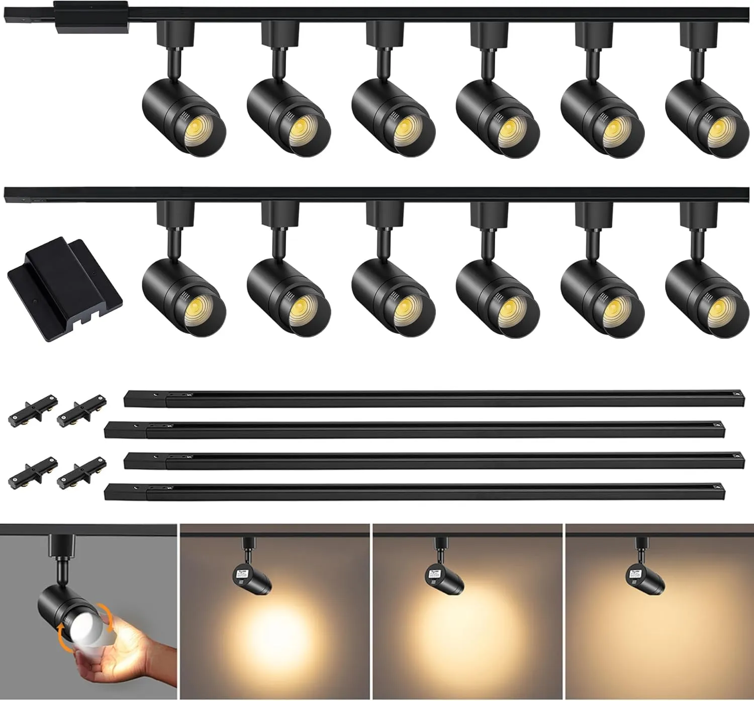 Zoomable 12-Light LED Track Lighting Kit with 13FT H Track Lighting Rail & Floating Canopy Connector, Modern Kitchen Track Lighting Fixtures Ceiling Spotlight, 12W Track Heads 3000K Black