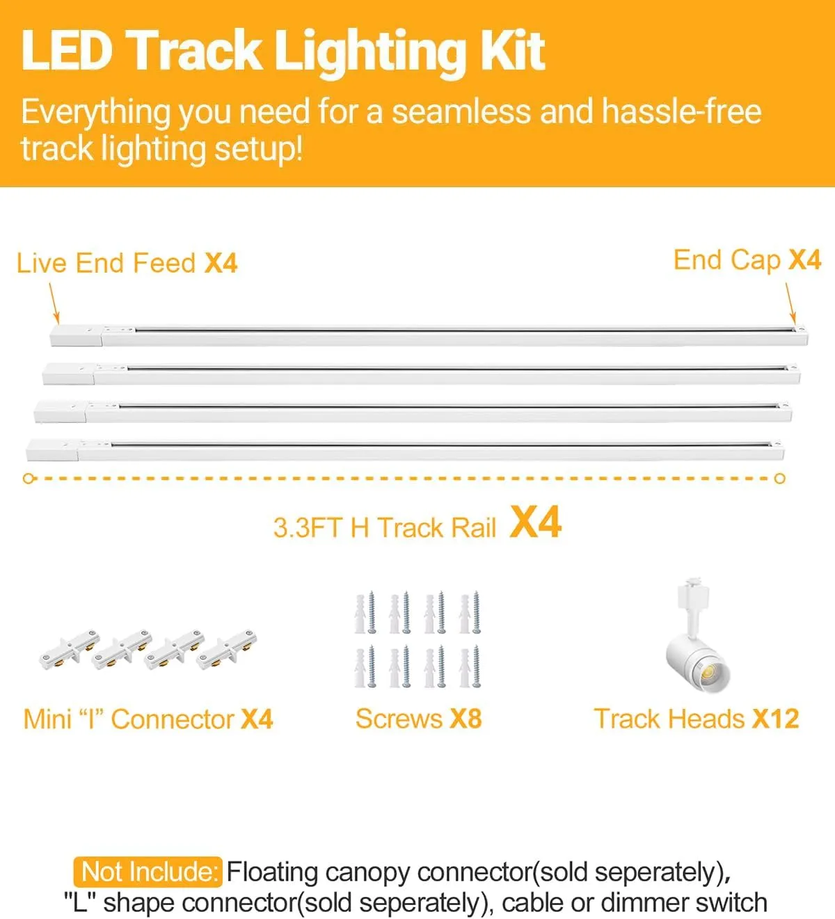 Zoomable 12 Lights LED Track Lighting Kit with 13FT H Type Track Lighting Rails, Dimmable White Track Lighting Fixtures Ceiling Modern Kitchen Spot Track Light Heads, 3000K CRI90  12W 1000lm